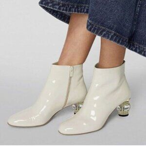 FSJ Women Round Toe Crystal Chunky Block Low Heel Ankle Boots Side Zipper White